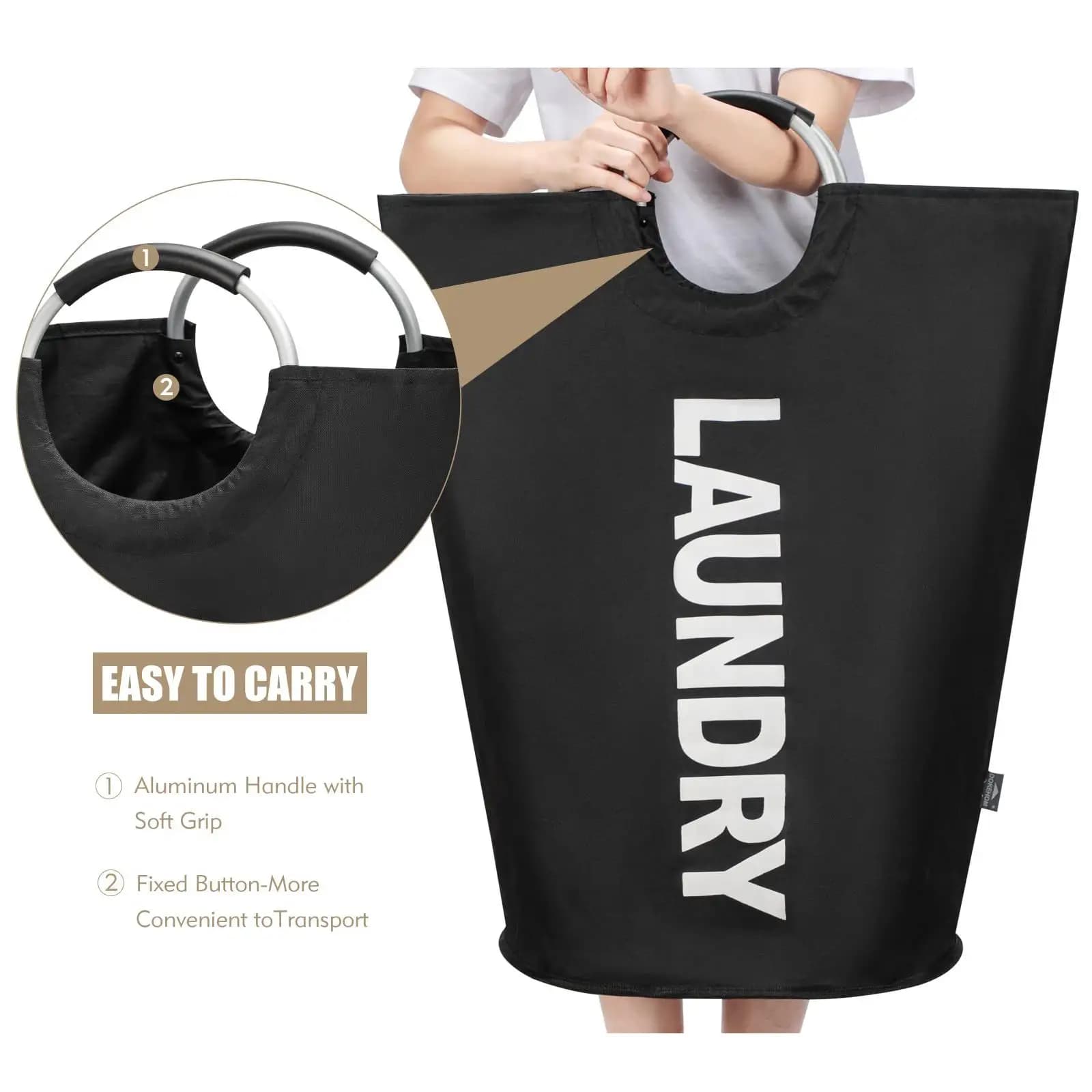 90L Large Collapsible Laundry Basket with Aluminum Soft Grip Handles, Waterproof Foldable Clothes Hamper, Sturdy Fabric Laundry Bag for Bedroom Bathroom Dorm