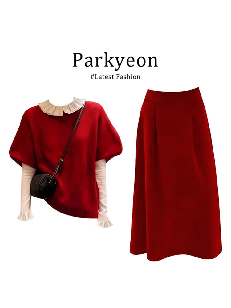 Set Tre Pezzi Parkyeon: Gilet Rosso con Maniche a Bolla, Camicia con Base a Balze e Mezza Gonna, Nuovo Completo Autunno-Inverno alla Moda per Donna