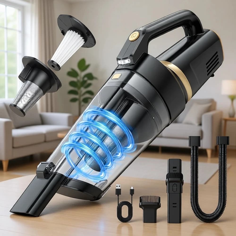 Aspirapolvere Portatile Senza Fili 16000PA, Forte Aspirazione, Ricaricabile con Multi-Beccucci e Luce LED per Casa, Auto, Ufficio
