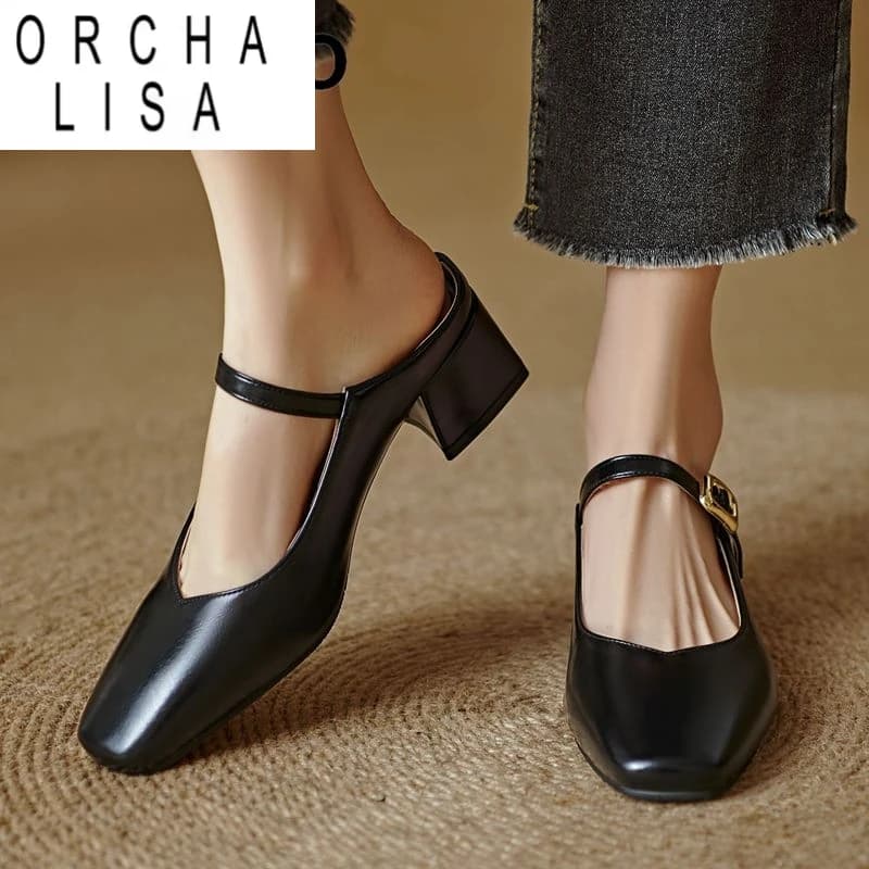 ORCHA LISA Design Women Sandals Square Toe Block Heels 4.5cm Slip On Mules Belt Buckle Plus Size 44 45 46 Fashion Dating Shoes