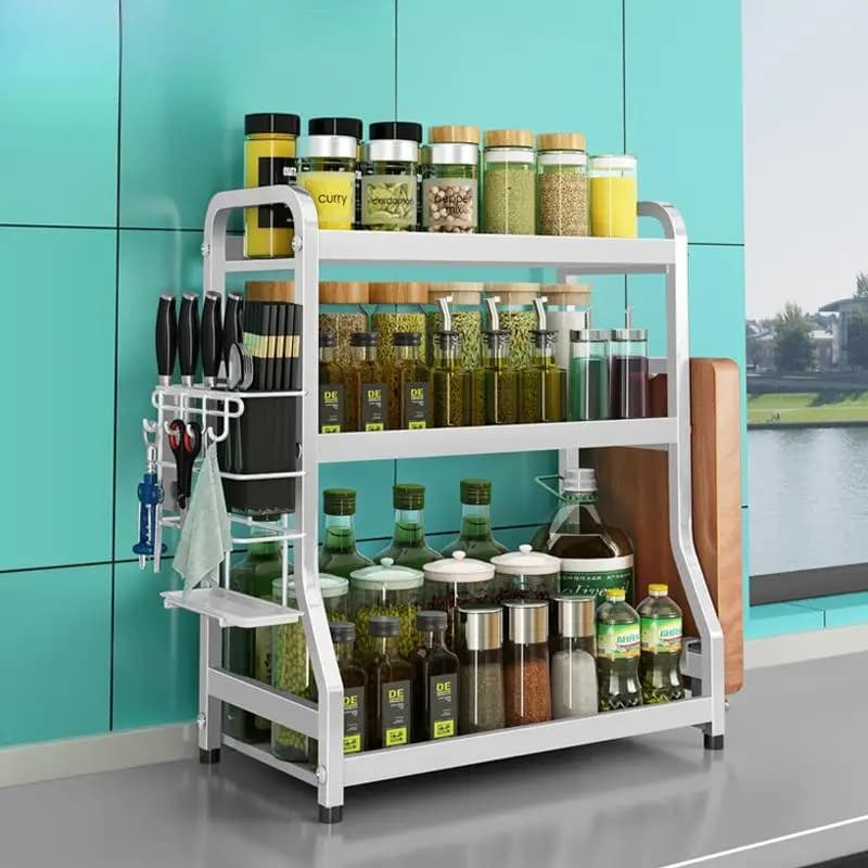 Thickened 304 Stainless Steel Seasoning Rack Kitchen Storage Shelf Three-layer Spice Bottle Shelf Countertop Storage Knife Rack