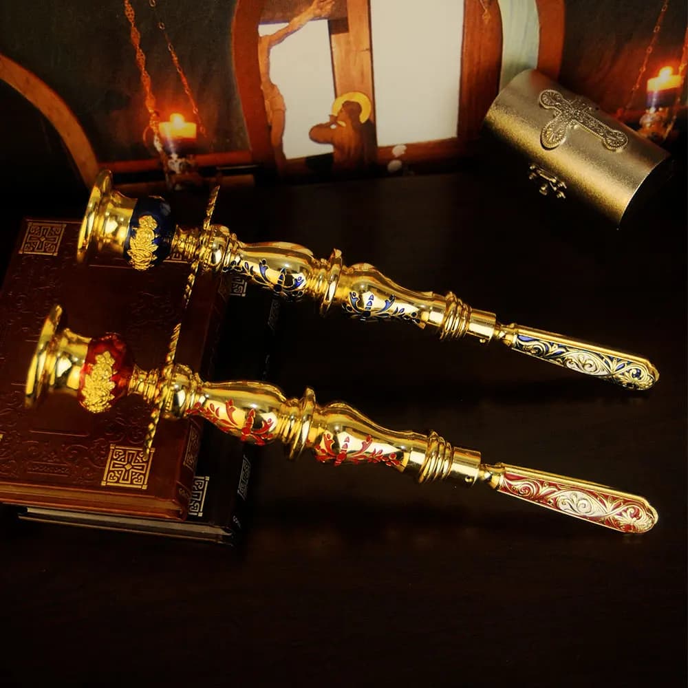 HTISOK Church Gold-Plate Enamel Decorative Handheld Candle Stick Holder for Orthodox and Catholic Religious Ceremonies & Worship
