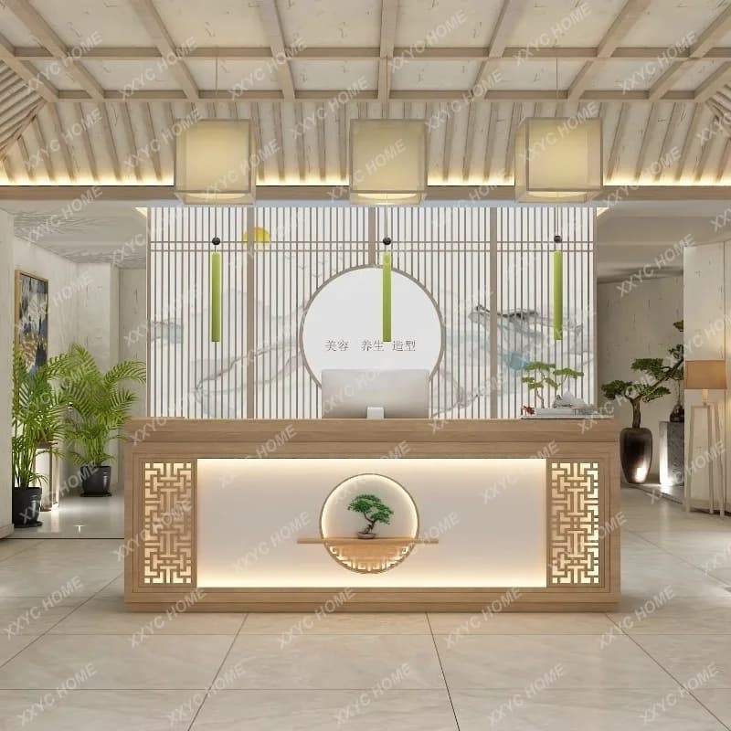 HHNew Chinese modern bar counter Teahouse with lamp health center counter custom solid wood reception desk