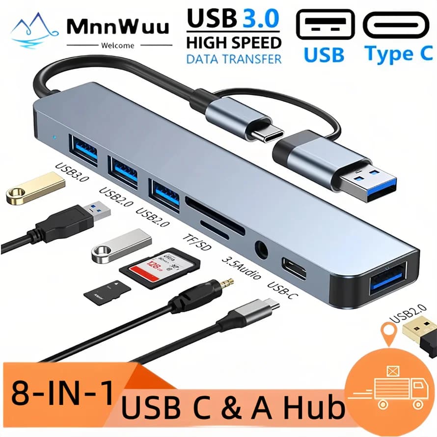 Docking station USB HUB 8 in 1 HUB USB C / USB A con lettore di schede splitter, porta USB C, lettore di schede splitter SD/TF USB 3.0/2.0