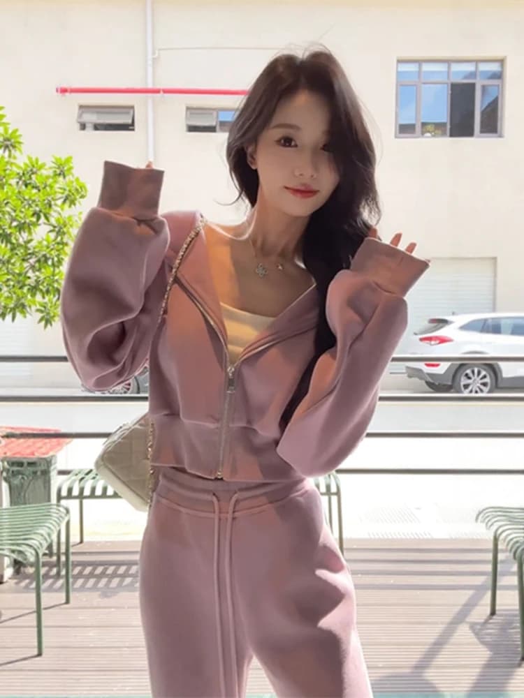 Pink Casual Sportswear Set Women's Spring Autumn Salt Series Anti-Aging Korean Sle Hoodie Micro Flared Pants Two-Piece Set
