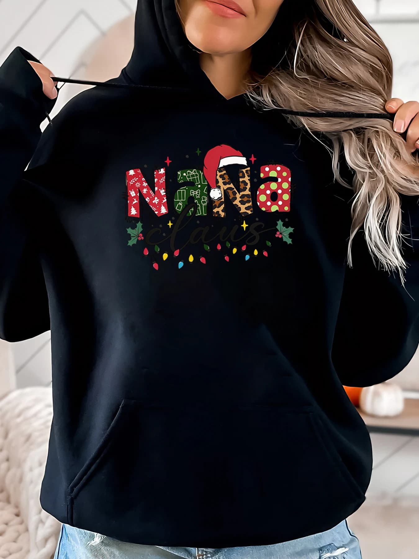 Christmas Hoodie with Leopard print Nana Santa Hat Women's Christmas Party Clothing Black Plus Size