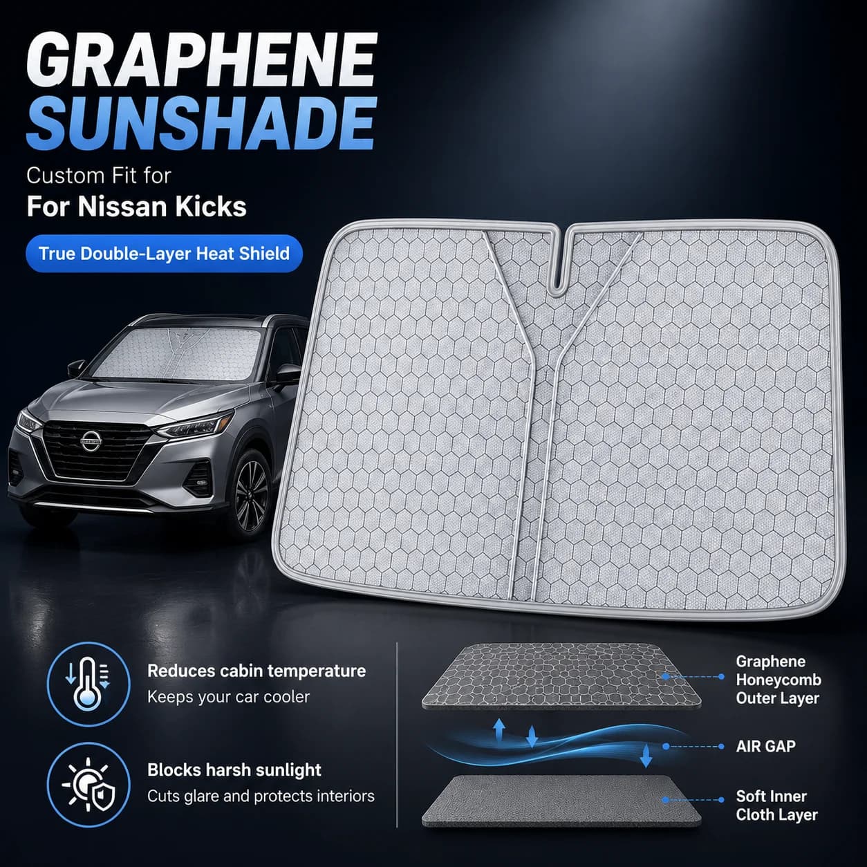 For Nissan Kicks Graphene Windshield Sunshade Custom Fit Car Sunshade UV Sun Protection Car Accessories