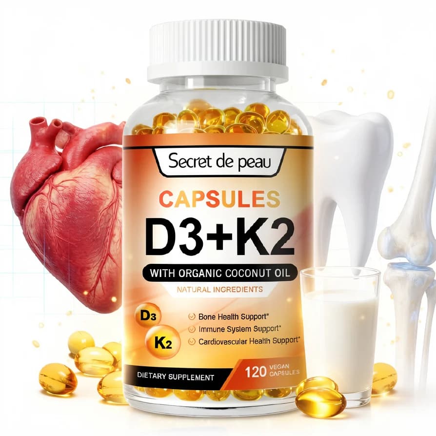 Vegetarian vitamin D3K2 capsules vitamin D supplement and vitamin K supports the immune system, strong bones for heart health help to sleep relax