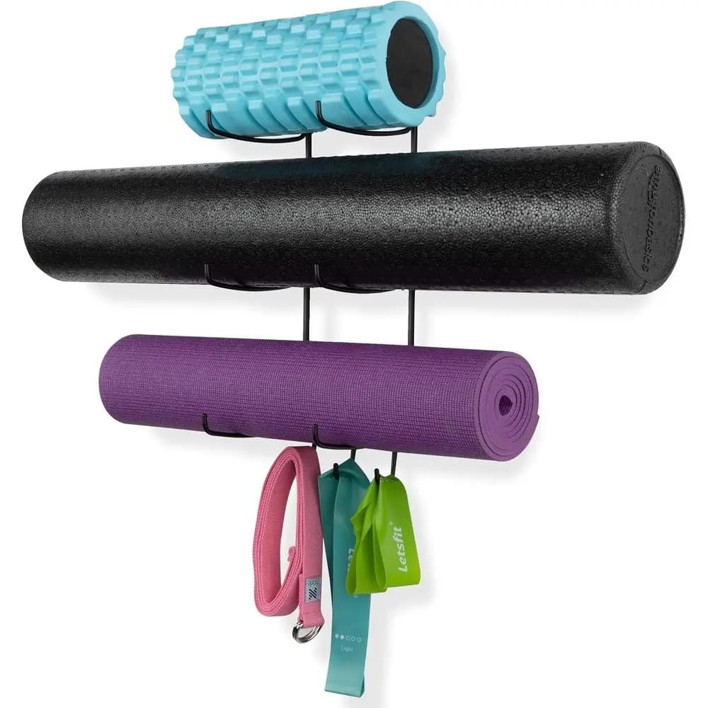 Supporto per Tappetini Yoga con 3 Ganci e Portaoggetti in Metallo a 5 Scomparti per Cinghie Yoga e ResiBands