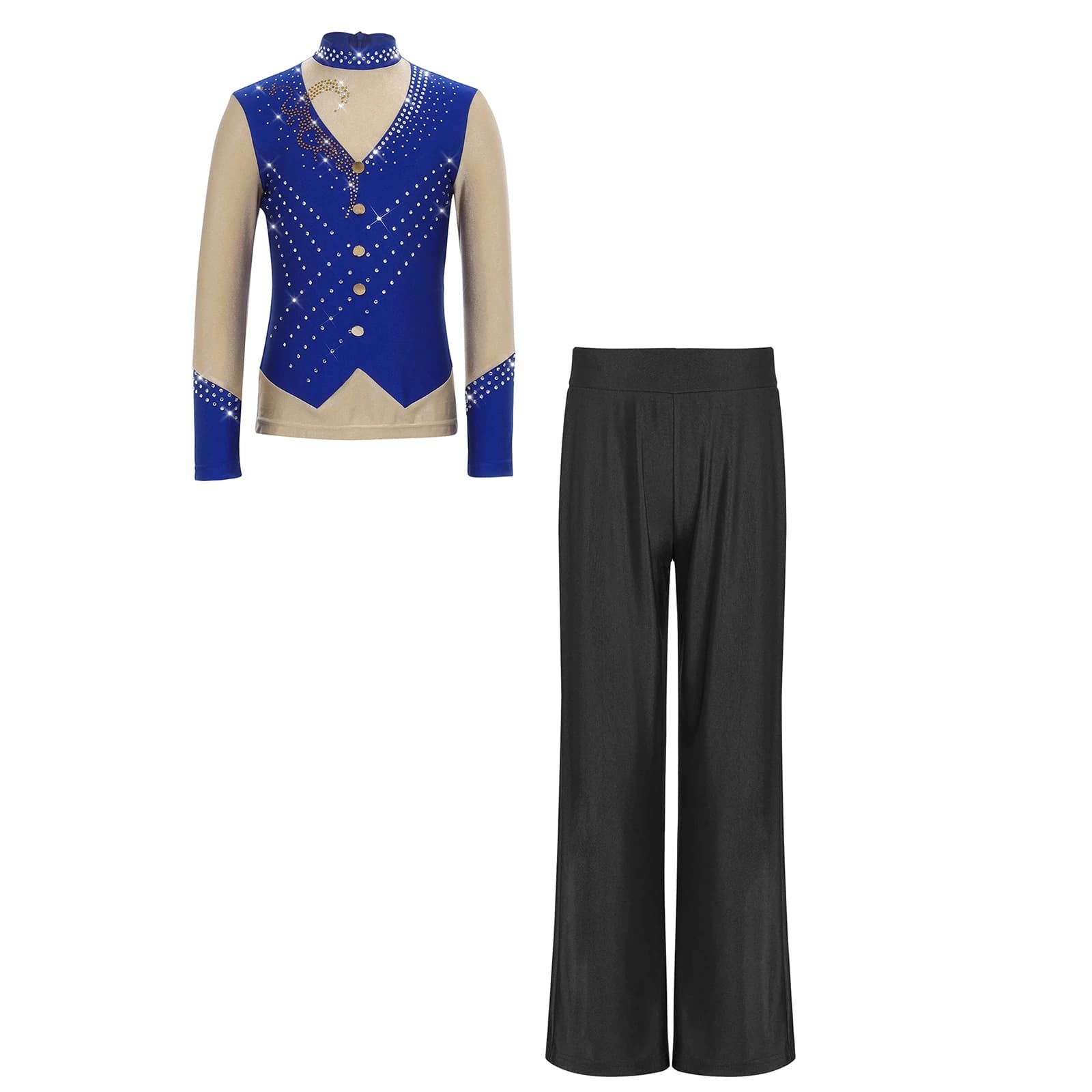 Costumi per Spettacoli di Pattinaggio Artistico, Jazz e Tango per Ragazzi, Top con Cerniera a Maniche Lunghe con Strass Scintillanti e Pantaloni