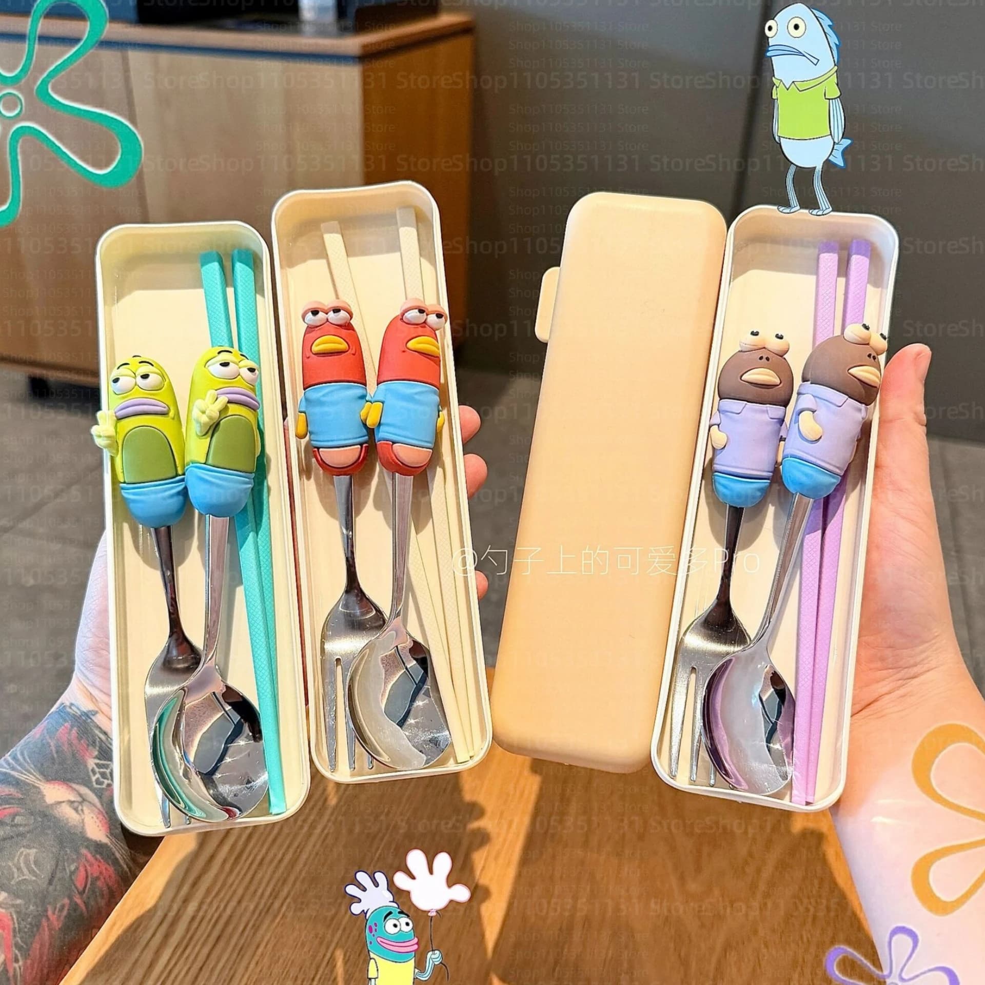 SpongeBob Bikini Bottom Citizens Spoon Fork Set 304 Stainless Steel Ugly Cute Fish Figure Cartoon Flatware Kawaii Tableware Gift