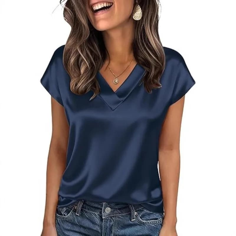 T-shirt da donna in raso con scollo a V, maniche corte, camicetta casual, top effetto seta per l'ufficio, per l'estate