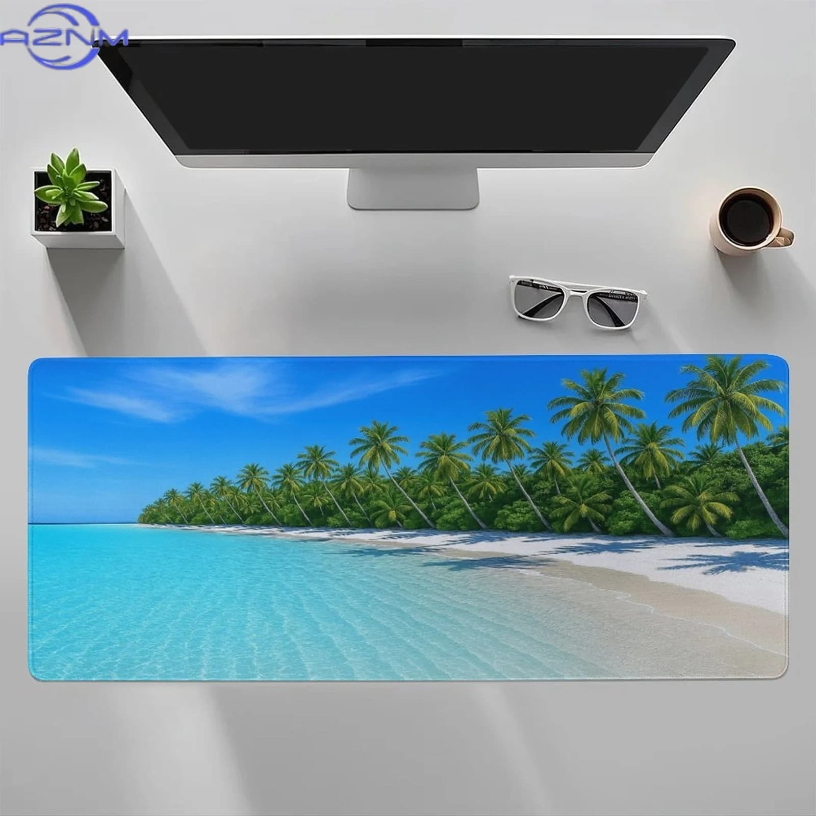 Large Tropical Paradise Beach Design Mouse Pad | Non-Slip Rubber Desk Mat for Gaming & Office, Vibrant Palm Trees & Turquoise Wa