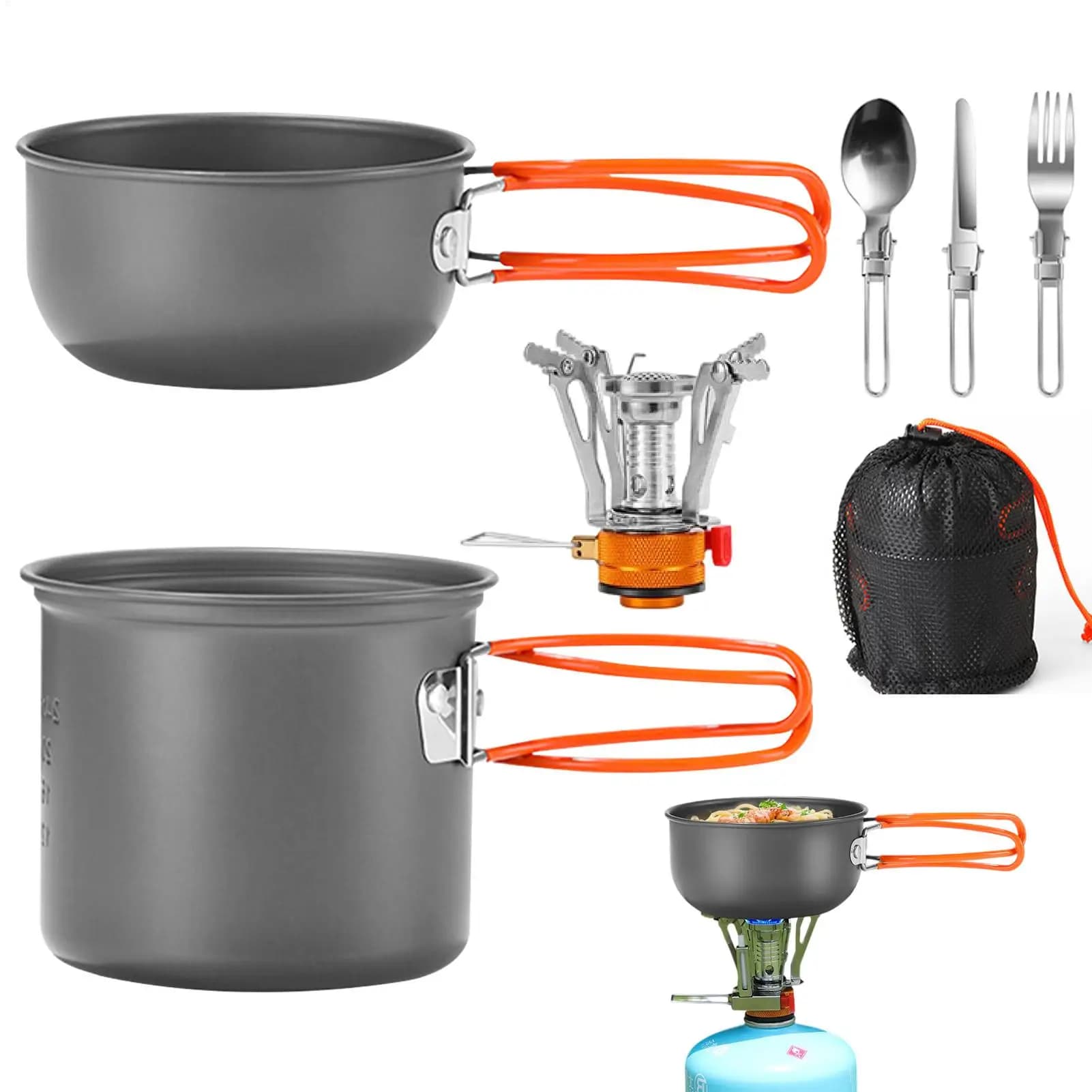 Set of portable camping pots Set of mini gas stoves for outdoor pots Kitchen set for natural walking picnic with knife fork folding spoon
