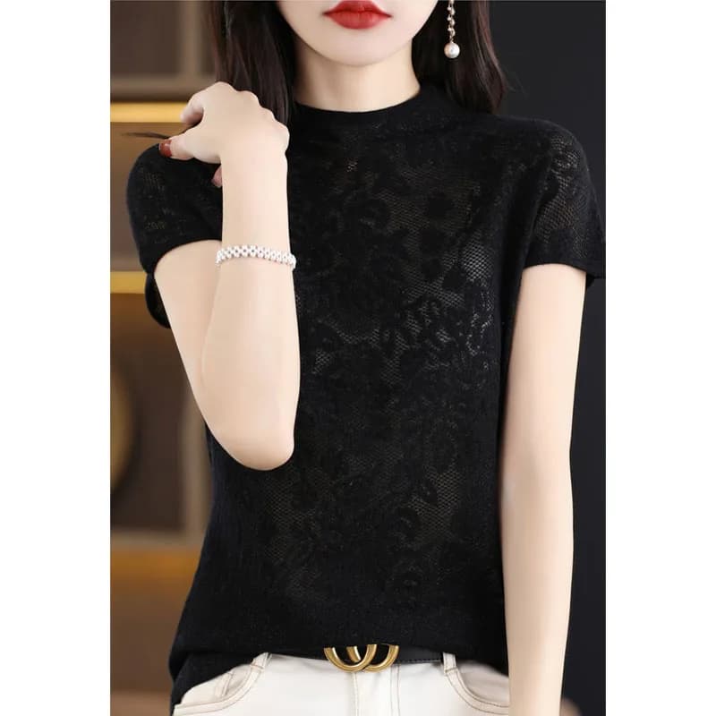 Nuova Moda Primavera-Estate: Top da Donna in Seta Ghiaccio Sottile con Fiori Traforati, Maniche Corte, Collo Semi-Alto, Versatile in Pizzo