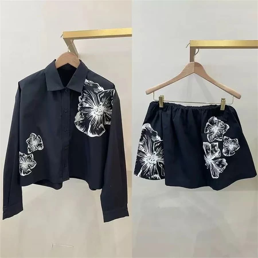 Romantic White Floral Print Shirt And Short Skirt Set Spring Summer Cotton Long Sleeve Turn-down Collar Korean Style Casual F...
