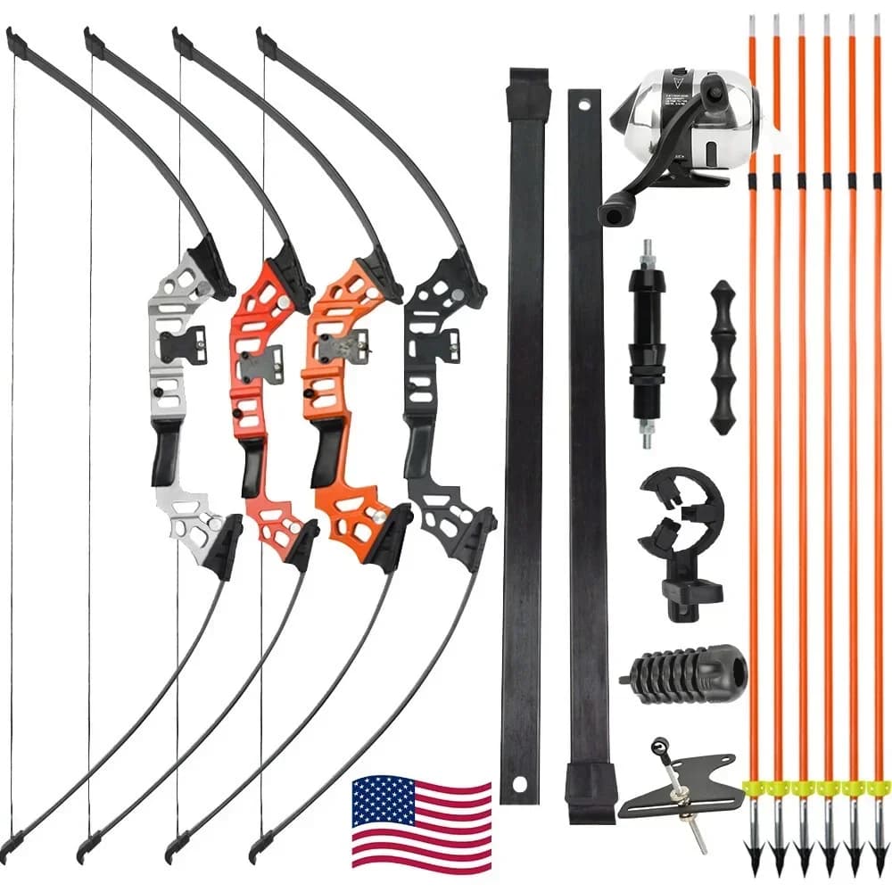 Bowfishing Set 40lbs Recurve Straight Bow Solid Fiberglass Arrows Equipped with Reel for Archery Hunting Fishing Outdoor Shooting Practice
