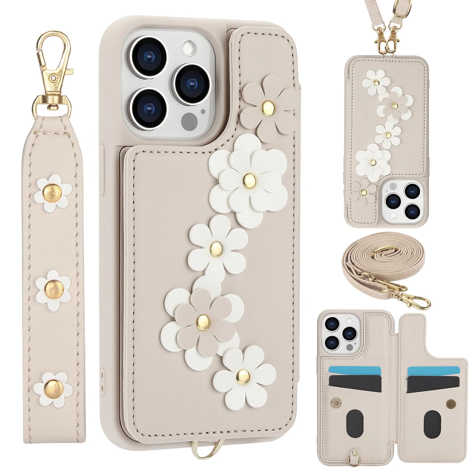 Custodia per telefono fiore con cinturino da polso a tracolla per IPhone 15 14 13 12 11 Plus Pro Max XS XR X 7 8 Portafoglio con porta carte Shell Cover