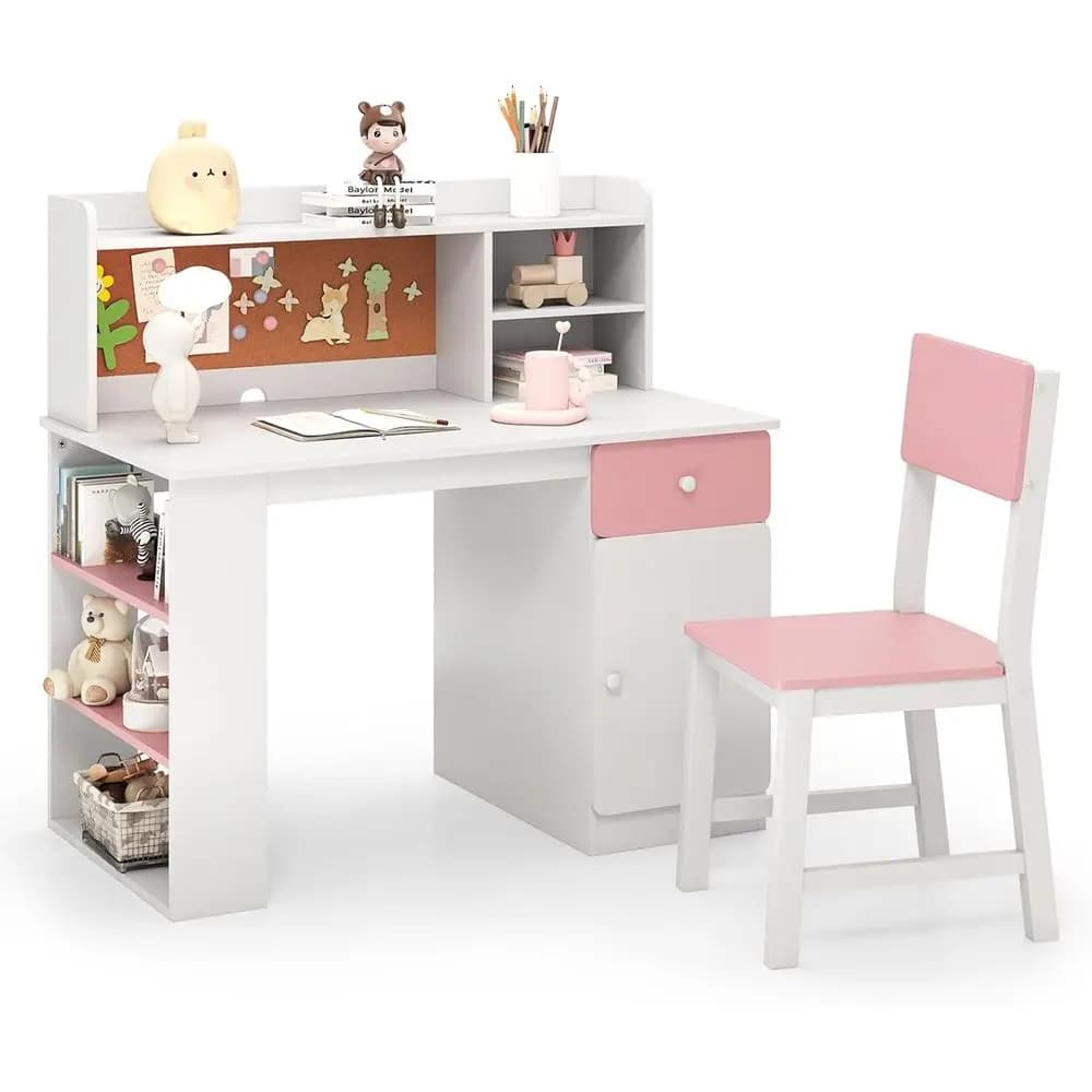 Set Scrivania e Sedia per Bambini in Legno Rosa con Mobiletto, Bacheca, Gestione Cavi e Spazio di Archiviazione per Studio e Lettura