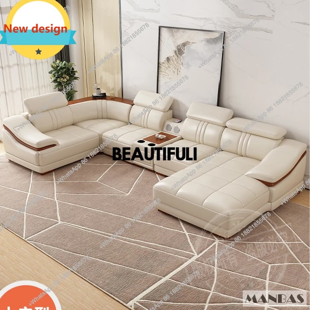 C139 Set di divani componibili in pelle eleganti con portabicchieri, poggiatesta regolabili e altoparlante Bluetooth - MINGDIBAO Soggiorno Couc