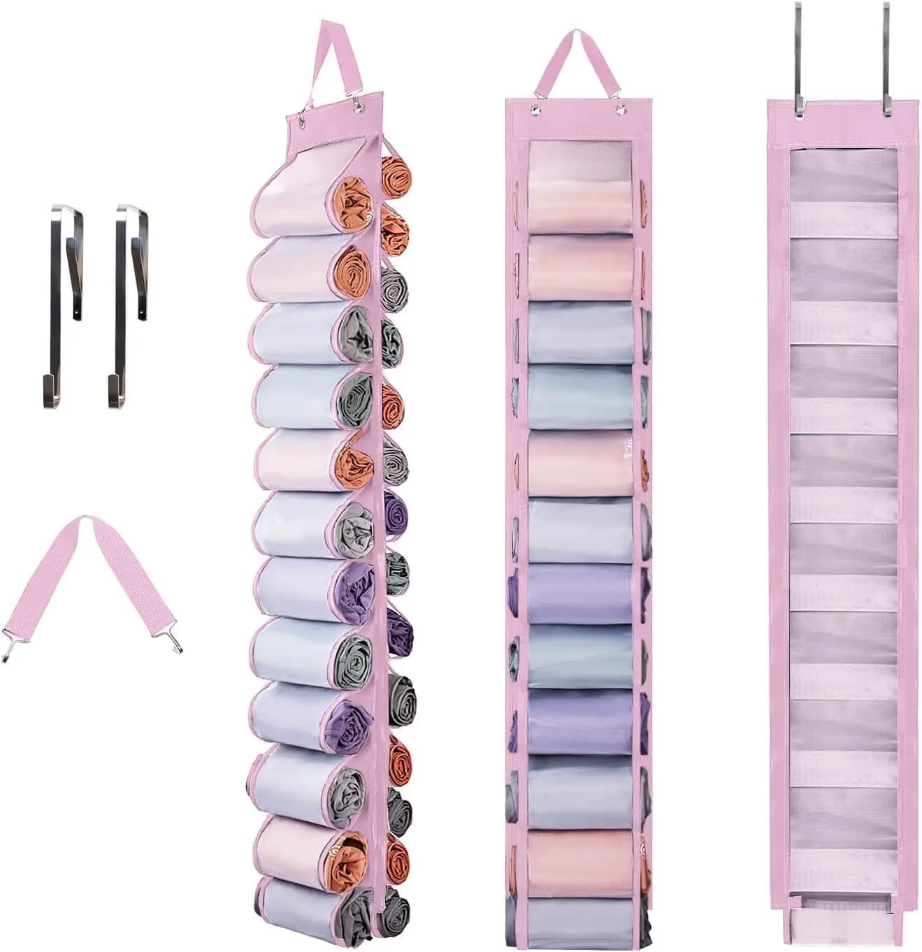 Organizzatore appendibile per armadio a 26 scomparti per leggings, pantaloni da yoga, asciugamani, biancheria intima - Contenitore pieghevole con rete in nylon, rosa