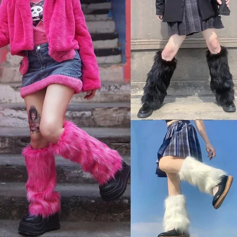 Shibuya Hottie Pelliccia sintetica Scaldamuscoli multicolori Stivali Jk Calzini Copristivali per ragazze Pelliccia Harajuku Copristivali per spezie invernali