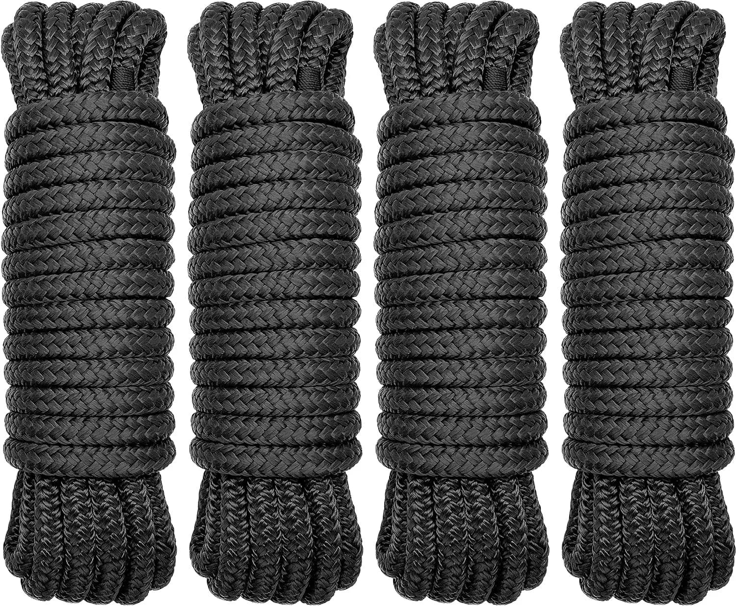Confezione da 4 Corde per Barche in Nylon Marino da 1/2" x 25' con Anello da 12" per l'Ormeggio, Alta Resistenza, Facile da Maneggiare, Resistente allo Sfilacciamento - Nero
