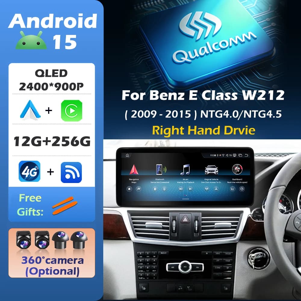Carplay Wireless per Guida a Destra per Mercedes Benz Classe E W212 2009-2015, Autoradio Android 15 con Video, DSP, Stereo, GPS, 4G, WiFi, BT