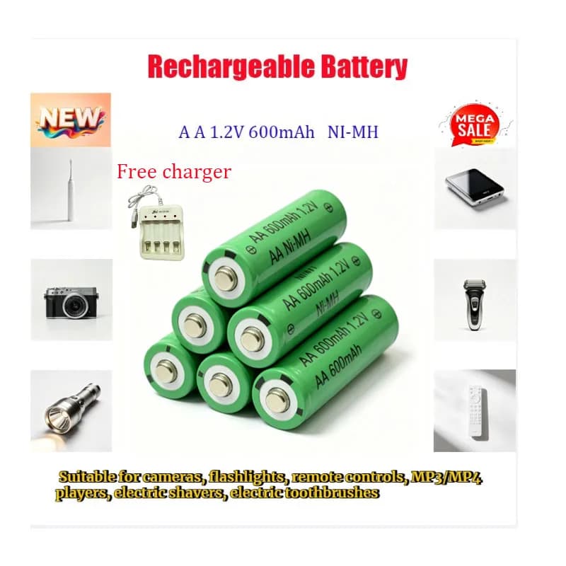 Batteria ricaricabile NI-MH AA1.2V 600mAh per fotocamera, torcia elettrica, telecomando, lettore MP3/MP4, rasoio elettrico, spazzolino elettrico