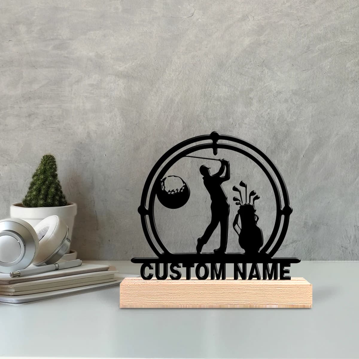 Custom country style article: Wrought iron desk sculpture with wooden base, abstract golf pattern. Perfect gift for sports enthusiasts.