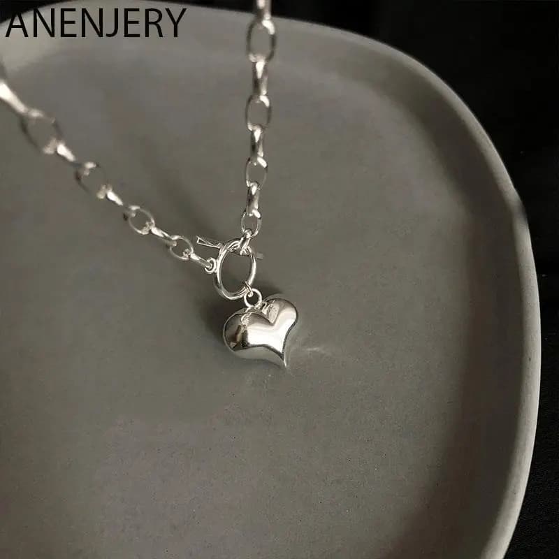 ANENJERY Collana con ciondolo con ciondolo a forma di cuore color argento con catena con chiusura OT Collana in argento tailandese per regali di gioielli da donna S-N612