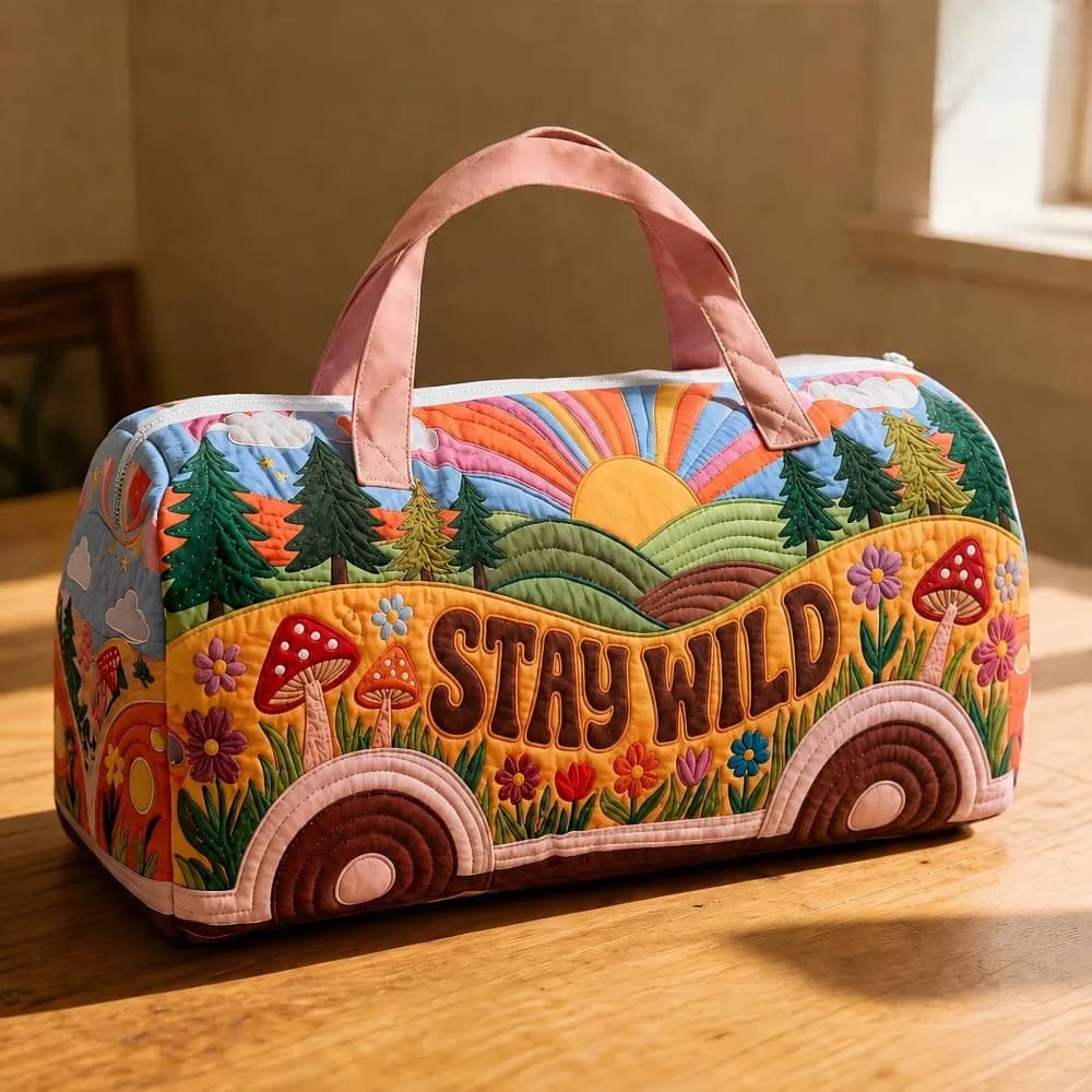 Retro Quilted Stay Wild Forest Mushroom Rainbow Duffle Bag Women Weekend Travel Handbag Boho Camping Gym Carry On Luggage Duffel