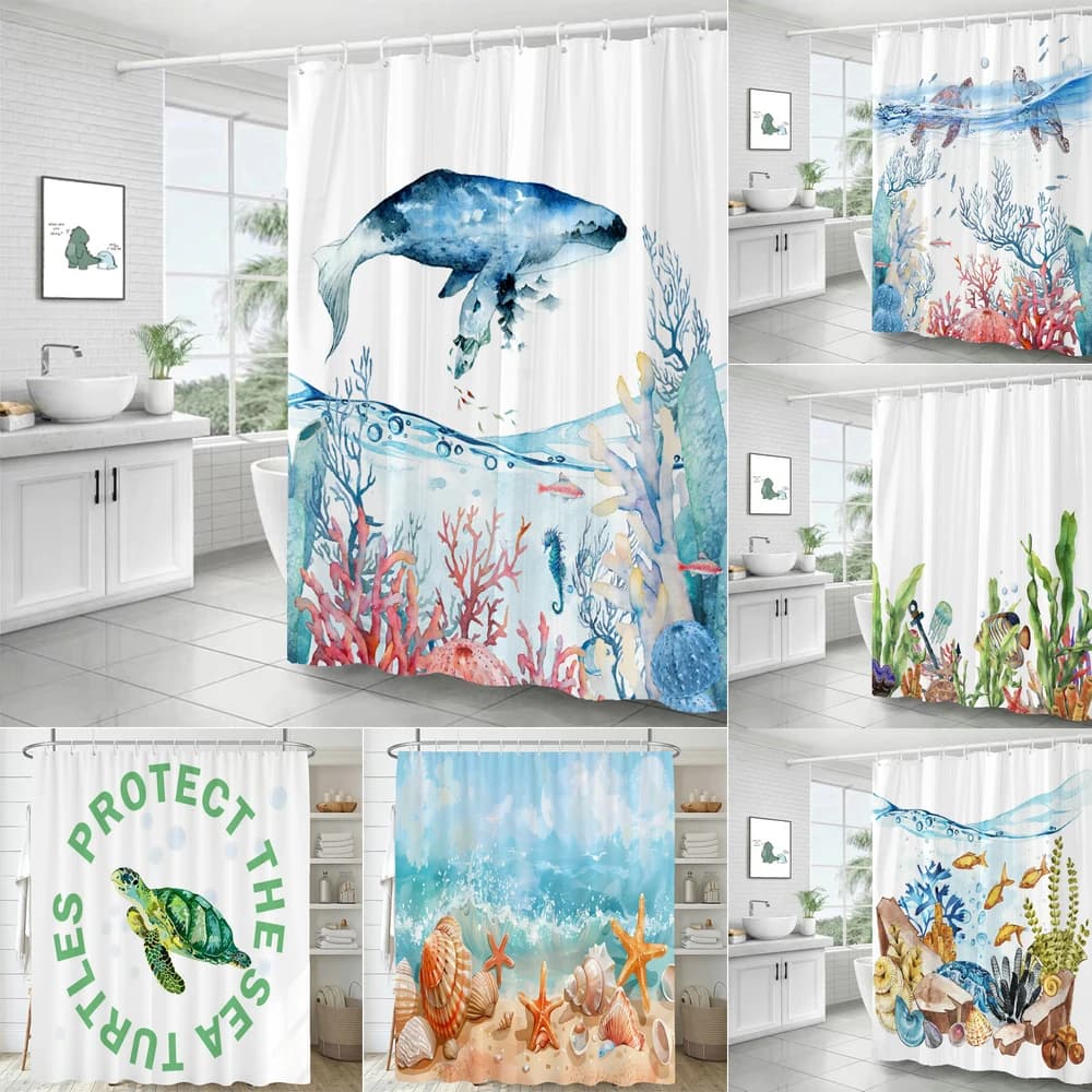 Tenda da Doccia con Delfini, Mondo Sottomarino Blu, Vita Marina, Tessuto in Poliestere, Tema Oceano per Bambini, Decorazione per Bagno con Ganci