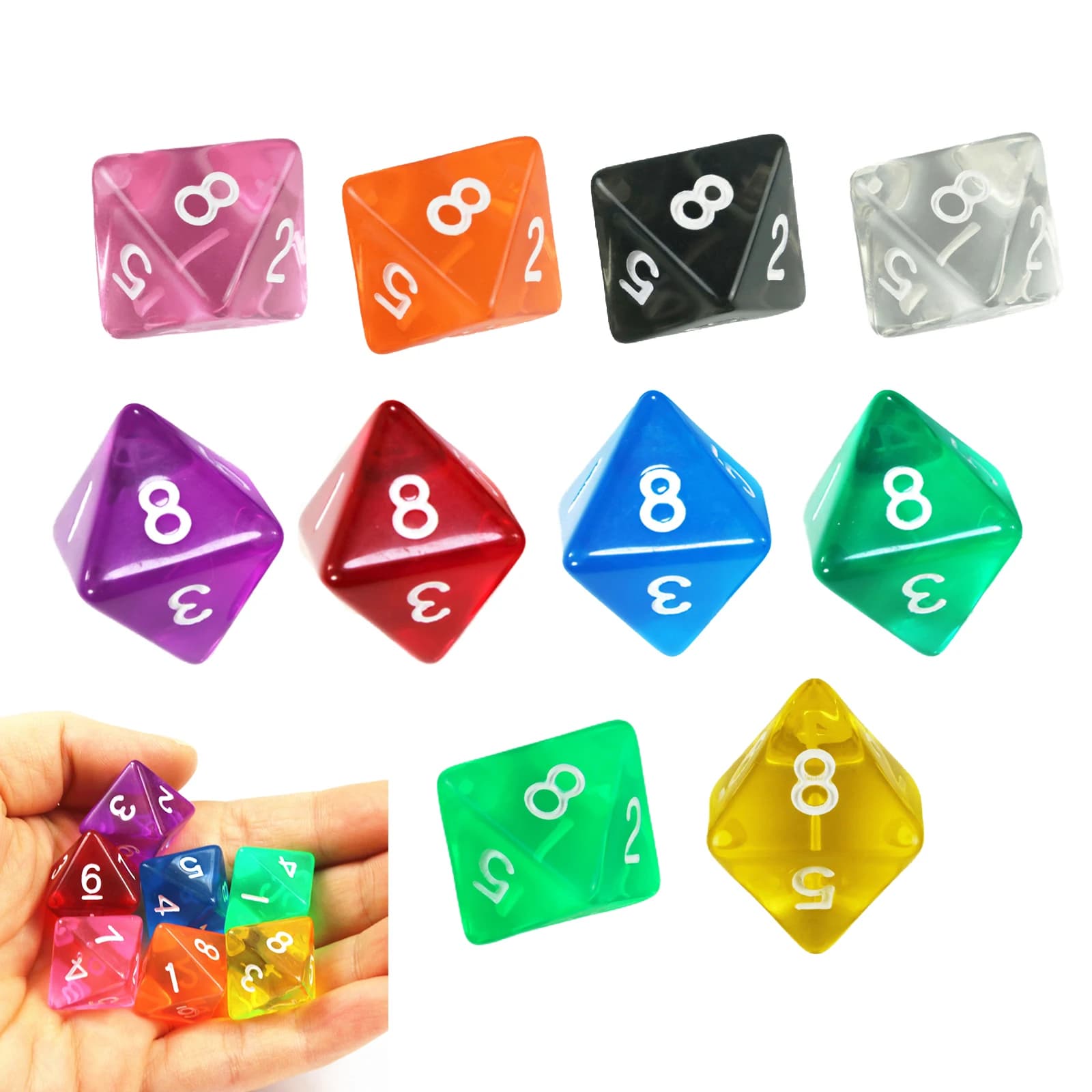 Set di dadi colorati trasparenti D8 da 10 pezzi, plastica a 8 facce per giochi da tavolo di ruolo - Accessori da gioco