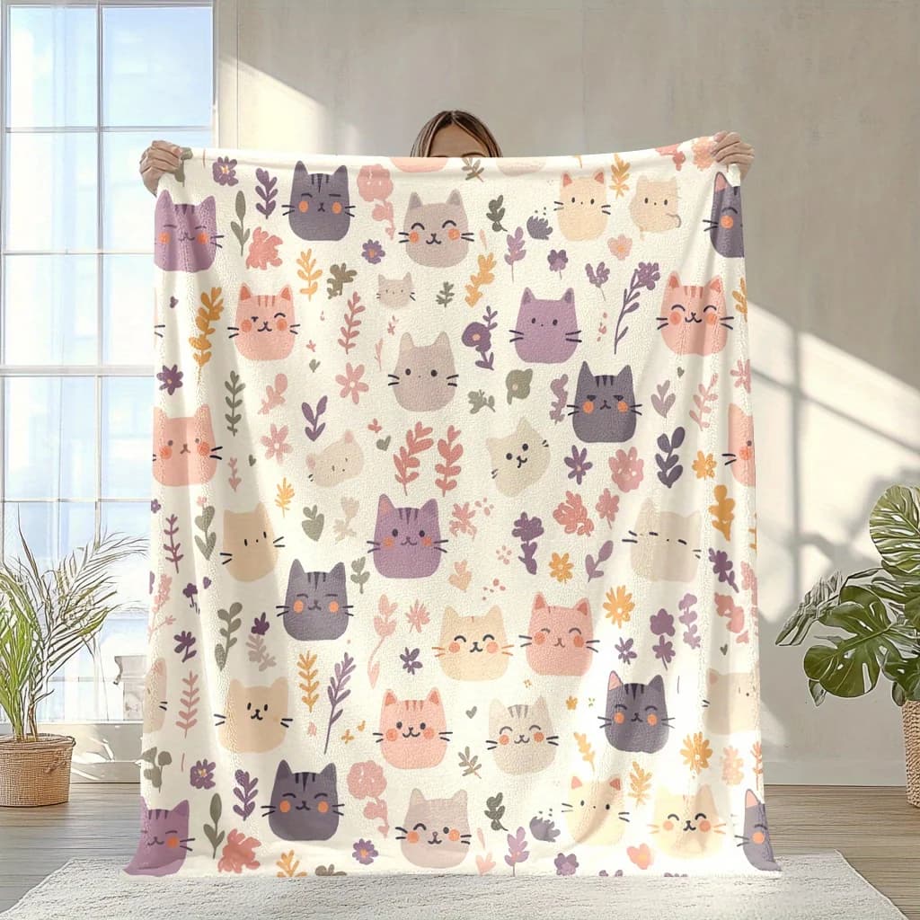 1 pezzo di adorabile coperta con stampa di fiori di campo di gatti: accogliente, caldo, perfetto come le vacanze per pisolino, campeggio, viaggi, ufficio a casa