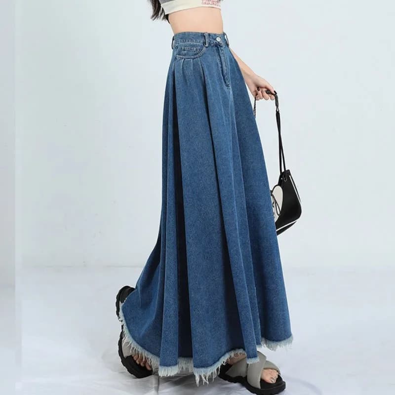 Fashion Tassel Hem Denim Long Skirts Womens Summer Vintage A- Line Maxi Jeans Skirt High Waist Women Long Skirt Korean