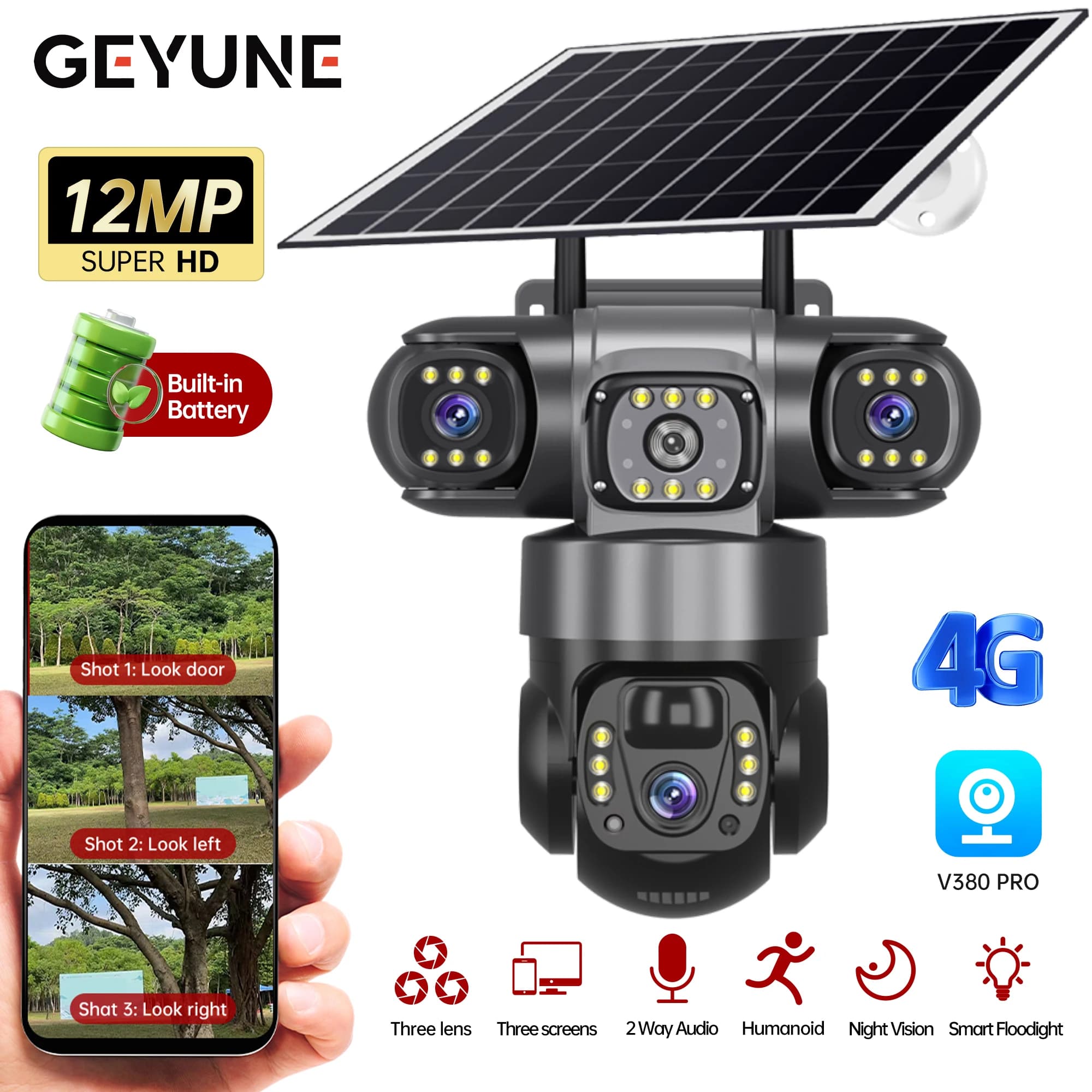 V380 Pro Solar Camera 4G SIM Outdoor 3 Lens Three Screens Webcam PIR Human Detection CCTV Security Video Battery PTZ IP Camara