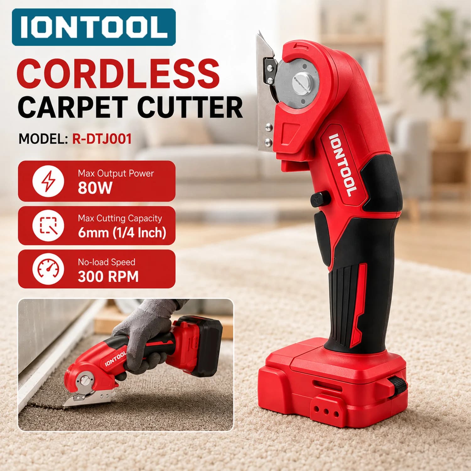 IONTOOL Cordless Carpet Cutter 80W 6mm Cut Depth 300RPM For Carpet Rug Fabric Edge Trimming For Makita 18V Battery