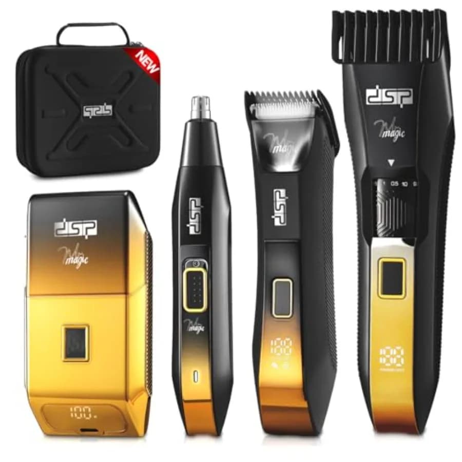 4-in-1 Maschile Care Kit with Rulebarba, Regulator, Naso Haircut and Lamina Razor, IPX7 Waterproof, LED Display