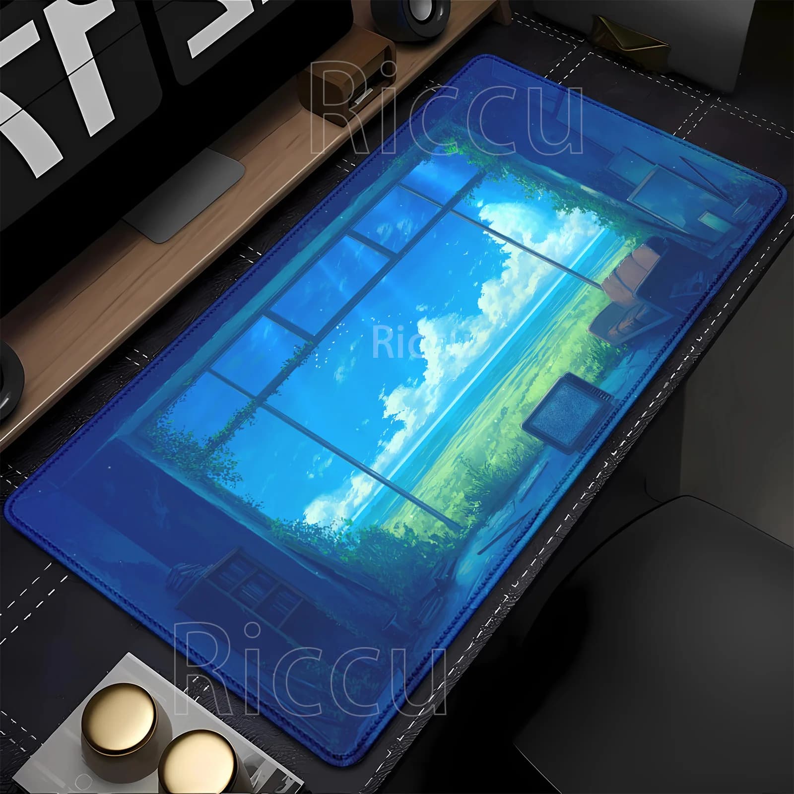 Tappetino per mouse con stampa HD 900x400mm, per gaming e ufficio, con bordi overlock, per PC e tastiera, design paesaggio prato e finestra
