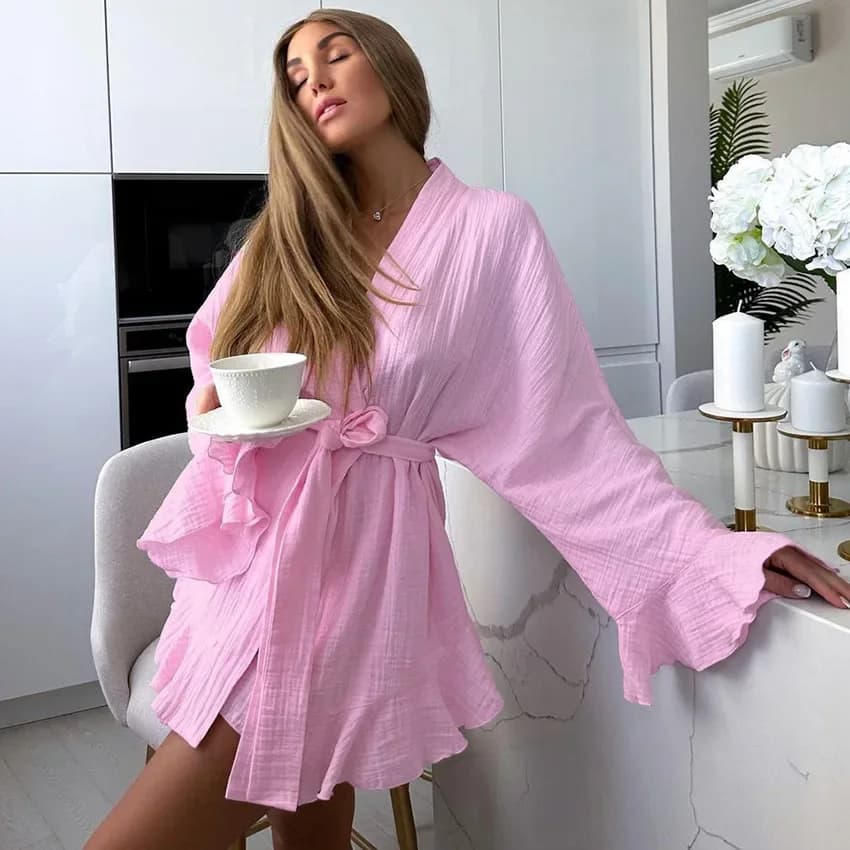 Indumenti da notte da donna con volant Bianco Set da 2 pezzi Pigiama casual a maniche lunghe in cotone Telai Abiti larghi con pantaloncini Indumenti da notte autunnali