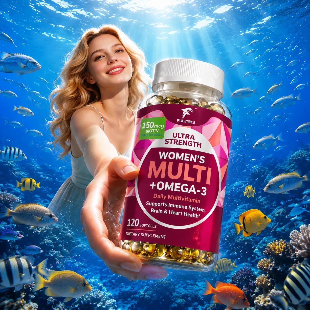 Women's Multivitamin + Omega‑3 Supplement, with 150mcg Biotin, Support Immune Hair Skin Nails Heart & Brain Heart Health, Energy