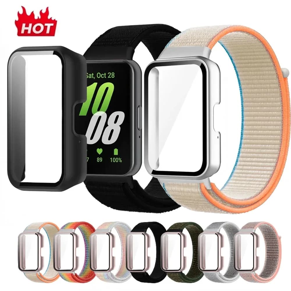 Kit due pezzi con custodia e cinturino in nylon per Samsung Galaxy Fit 3, braccialetto sportivo per Galaxy Fit 3, custodia con vetro protettivo per lo schermo e cinturino.