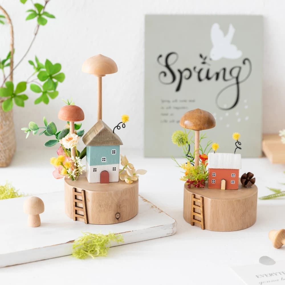 Ornamento in legno a forma di casa a forma di fungo con fiori artificiali, decorazione da tavolo per casa, ufficio, soggiorno, regalo di compleanno per donne