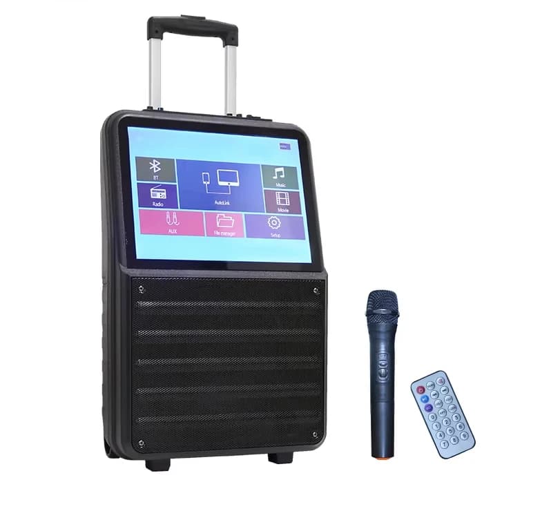 Sistema Karaoke con Schermo Touch, Altoparlante con Sistema Android e Funzione WiFi, Carrello per Uso Interno ed Esterno