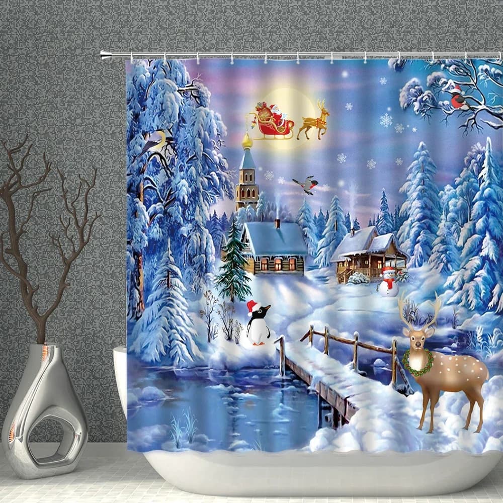 Shower Curtains Shower Curtain Luxury Waterproof Bathroom Shower Curtain Elk Christmas Santa Claus Fairy Snow Night Printed Bath