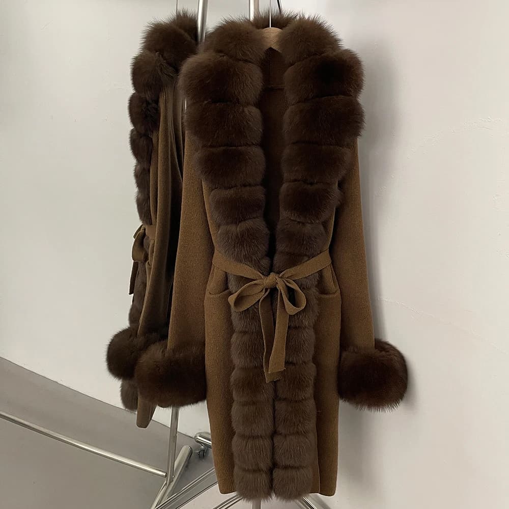 Winter Knit Coat with Synthetic Fur for Women, Sweaters and Pullover Women's Straps, Korean Style, Women's Clothing