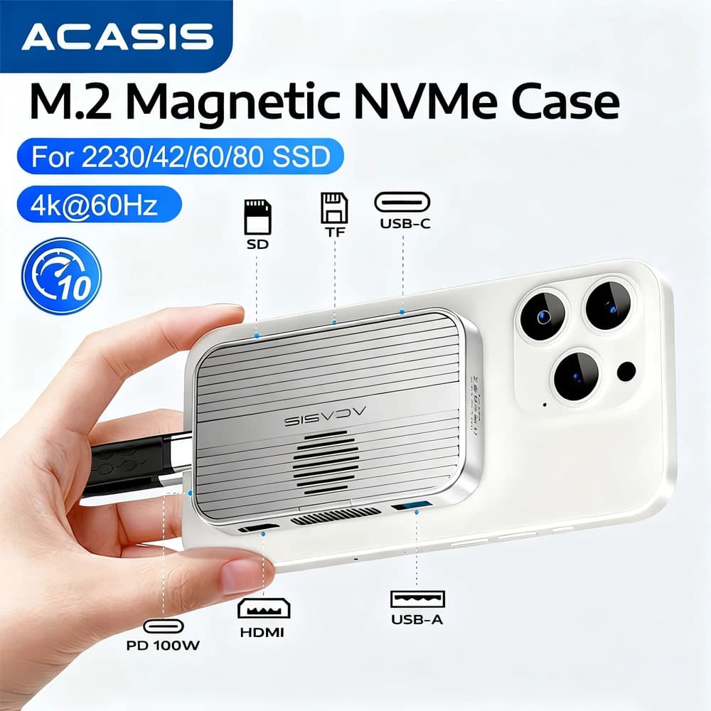 ACASIS M.2 NVMe SSD Custodia Docking station USB C magnetica 10 Gbps con ventola di raffreddamento per iPhone 16/15 Pro 2230/42/60/80 NVME SSD