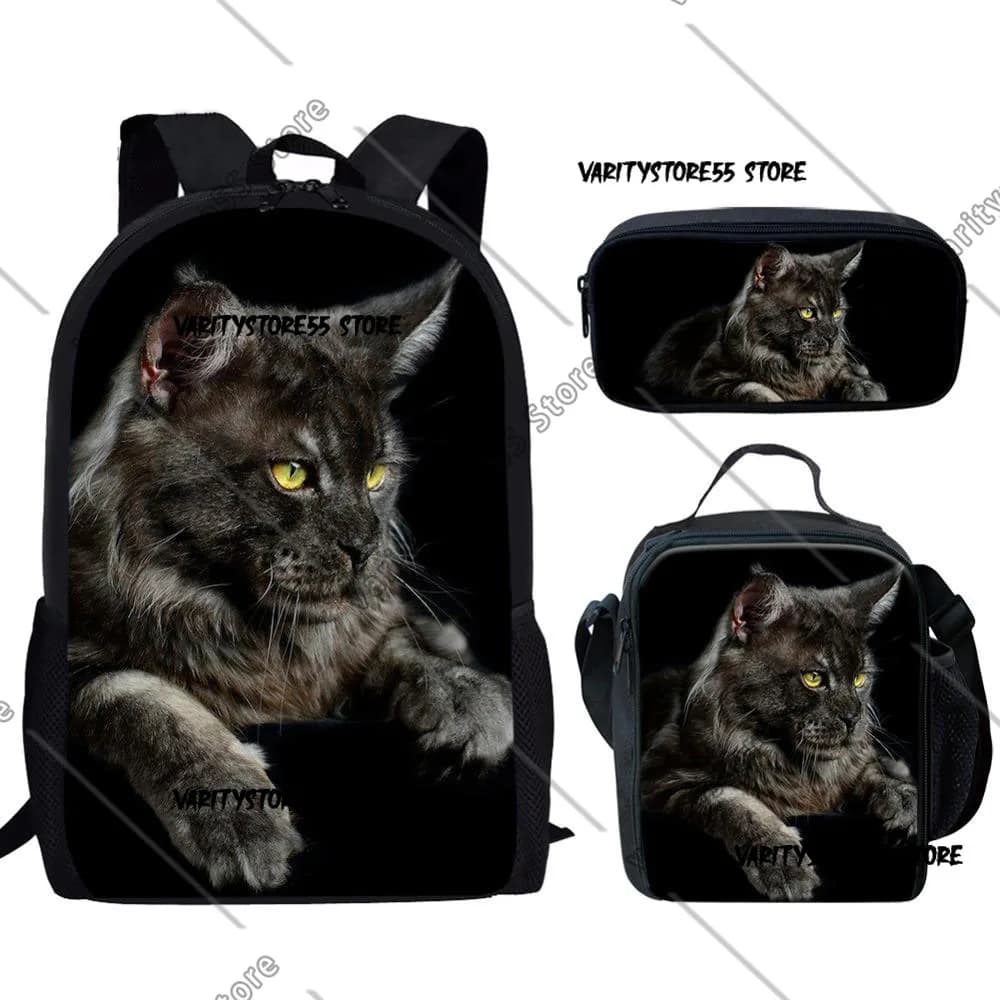 Harajuku Novelty Maine Coon Cat 3pcs/Set Backpack 3D Print School Student Bookbag Anime Laptop Daypack Lunch Bag Pencil Case