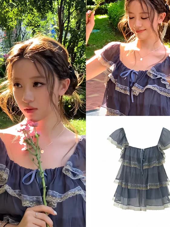 Sweet Style Short Sleeve Lace Blouse Women's Bow Tie Loose Pure Desire Atmosphere Sensation Small Shirt Summer Collection
